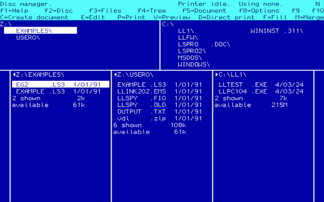 [Screenshot of LocoScript PC showing PCW as drive Z:]