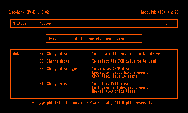 [Screenshot of PCW LocoLink 2.02 running under emulation]